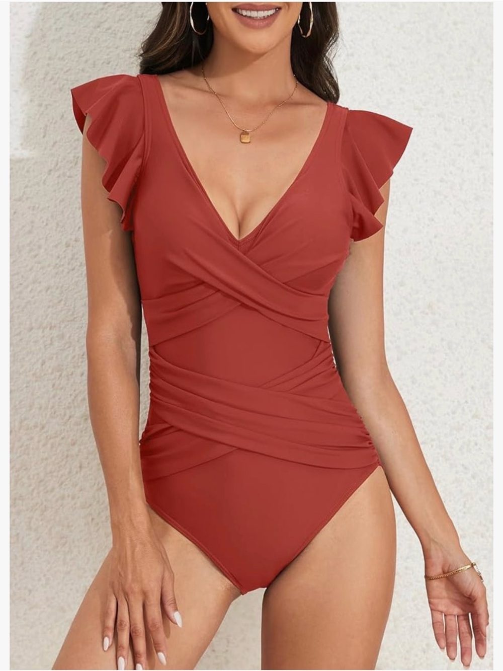 5/$25 B2Prity Rust Ruffle Sleeve One-Piece Swimsuit